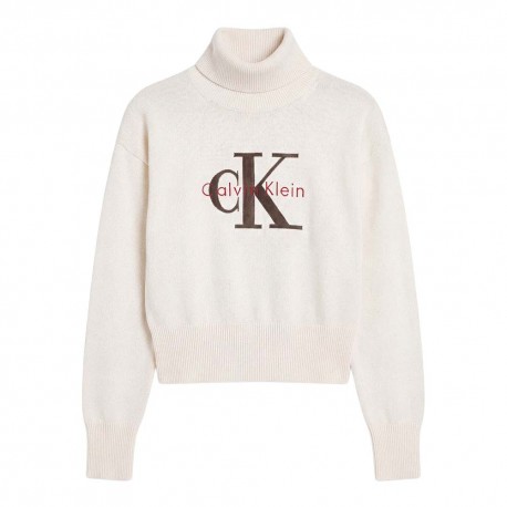 Calvin Klein Maglia Maniche Lunghe Dolcevita Big Logo Bianco Donna